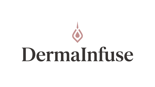 The logo for Dermalinfuse, featuring a small pink teardrop icon above the brand name in dark gray serif text on a solid white background.